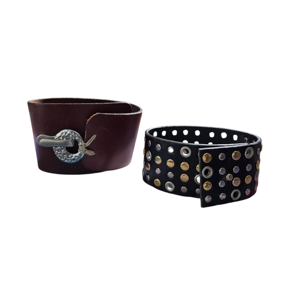 Gap Leather Cuff Bracelet & Black Studded Vegan Leather Cuff Bracelet Set of 2 - Picture 2 of 9